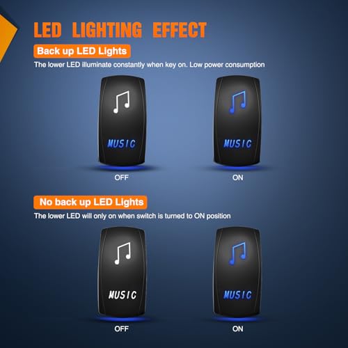 Image of Nilight Music Rocker Switch Led Light Bar 5 Pin Laser On Off | SPST Switches 20A /12V 10A /24V Blue with Jumper Wires Set for Cars Trucks Boats ATVs UTVs RVs