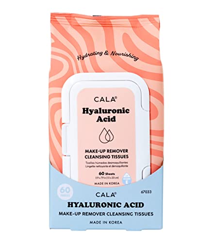 CALA Hyaluronic Acid Makeup Remover Cleansing Tissues, Gentle Face Wipes Remove Makeup + Waterproof Eye Makeup, Deep Clean & Moisturize, Sulfate/Paraben/Phthalate-Free, 60 Sheets