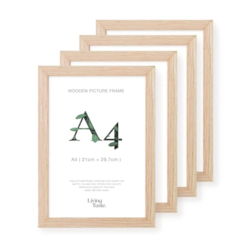 LIVINGTASTE A4 Cadre photo 21x29.7 cm finition chêne Naturel avec façade acrylique, lot de 4, idéal pour certificats et diplômes, documents au bureau ou à la maison 4pk