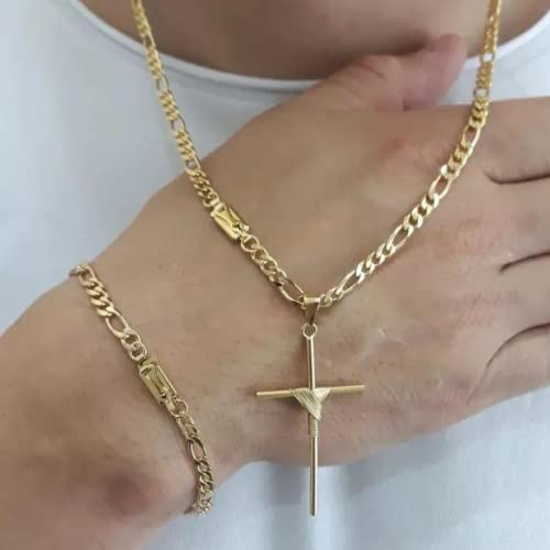 Conjunto Masculino 3x1 Corrente Pulseira Pingente Cruz