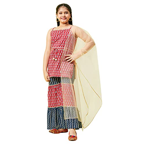 Image of StyloBug Girl's Printed Sleeveless Kurti with Sharara Set Ethnic Wear Dress for Girls