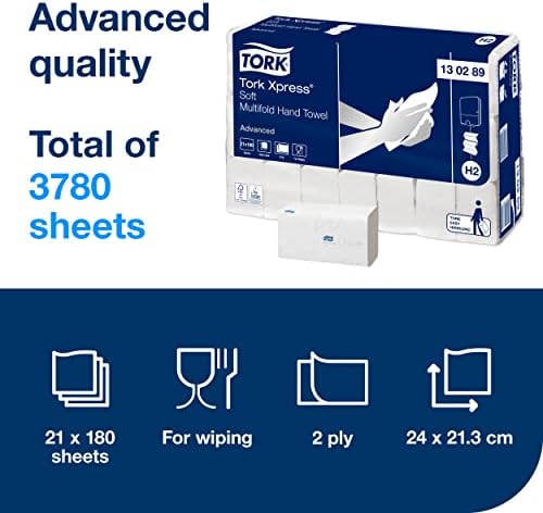 Tork Xpress Soft Multifold Paper Hand Towels White H2, Advanced, 2-ply, Absorbent, 21 x 180 hand towels, 130289