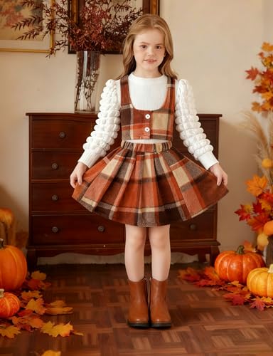 Image of Toddler Girls Christmas Outfits Girls Puff Sleeve Knit Ribbed Tops Button Down Vest Plaid Skirt Set Winter Clothes