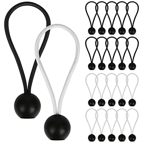 ZEFAN Bungee Cords with Balls 20Pcs,Black/White Ball Bungee Cords Universal Bungee Cords tarp Ties for Tarpaulin, Tent Tarps, Canopy, Banner,Flag Poles, Pavilions,Camping & Luggage Cover