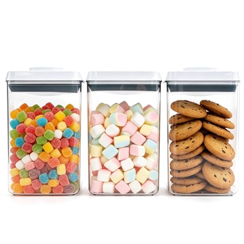 Pop Push Button Airtight Food Storage Containers 3 Pack (1.8Qt) | BPA-Free Stackable Rectangular Canisters for Coffee Beans, Snacks, Cereal, Grains, Dry Food