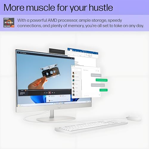 Image of HP 2025 24 inch FHD All in one Desktop Computer Powerful Performance for Home & Office, AMD Ryzen 7 7730U, 16GB RAM, 1TB PCIe SSD, Dual Speakers, Slim Bezel, Wi-Fi 6, HDMI, Bluetooth, White, Windows 11