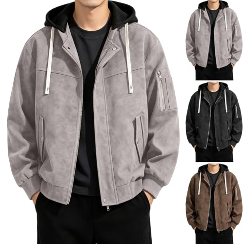 fartey Faux Leather Jacket Men Hooded Full Zip Bomber Sleeve Pocket Coats