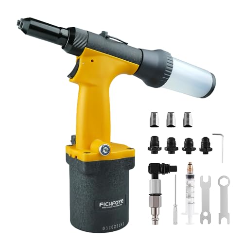 FICHFOYE Pneumatic Rivet Gun Kit Air Riveter Tool with 4 Nozzles (3/32-3/16) Switch-Type Interface Self-Suction Design for Auto Repair & Metal Work