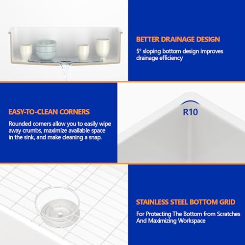 Dcolora DC-U7737 32 Inch White Undermount Kitchen Sink Fireclay Porcelain White Ceramic Dual Mount Single Bowl Sinks thumb #4