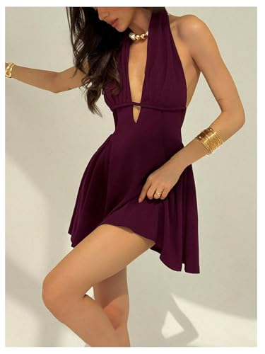 MakeMeChic Women's Halter Mini Dress Backless Sleeveless Deep V Neck A Line Party Formal Dresses4
