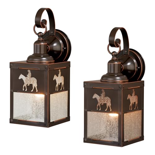 Image of VAXCEL 2-Pack Trail 13 in. H 1-Light Burnished Bronze Rustic Cowboy Outdoor Wall Sconce Made of Durable Steel, Clear Seeded Glass Shade, LED Compatible, Exterior Porch Patio Front Door or Garage