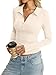 Womens Cotton Polo Collared Shirt Long Sleeve Sexy Deep V Neck Top Button Up Slim Fitted Tee Business Casual Outfit Cream White S