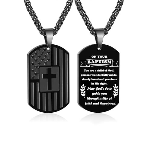 Zocomi Baptism Gifts for Boys MenDog Tag Cross Necklace America Flag Pendant Chain Jewelry Baptismal Religious Christian Catholic Jewelry Gifts Teen Teenage Kids Age Son Easter Basket Stuffers Black