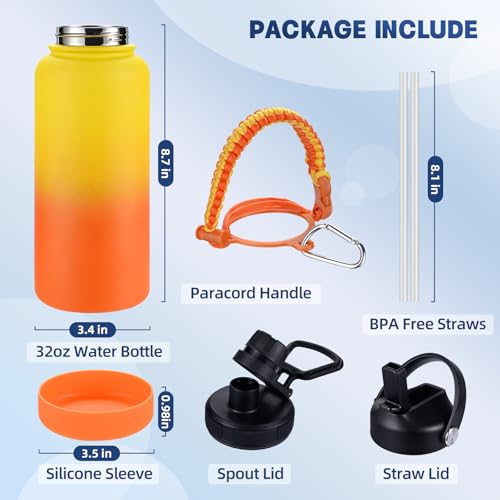Image of Insulated Water Bottle, 32 oz Stainless Steel Wide Mouth Water Bottles with 2 Leak Proof Lid and Paracord Handle, Double Wall Vacuum Insulated Sports Water Bottle, Yellow Orange