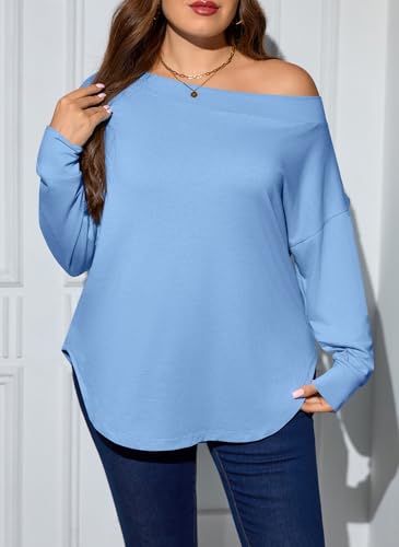 Image of UNCLECAT Womens Plus Size Tops Off The Shoulder Long Sleeve T Shirts Casual Curve Hem Tunics Tops Blue