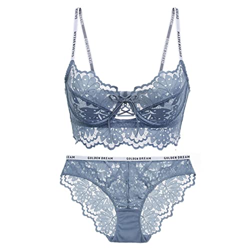 WEITING Neuer sexy Spitzen-BH mit Steinen, Buchstaben, bedruckte Träger, BH und Slip, Set, Unterwäsche, Frauen, französische Dessous, Blau, 85D