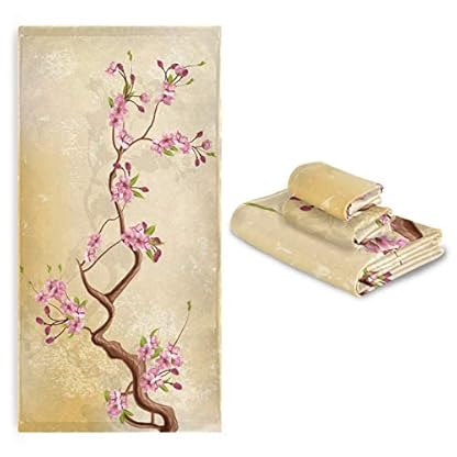 Handtuch-Set, Kirschblütenzweig mit Blumen und Blättern, 3-teilig, 1 Badetuch, 1 Waschlappen, 1 Handtuch, 3 Stück, weich, multifunktional, für Zuhause, Küche, Hotel, Fitnessstudio, Schwimmen, Spa – Bild 8