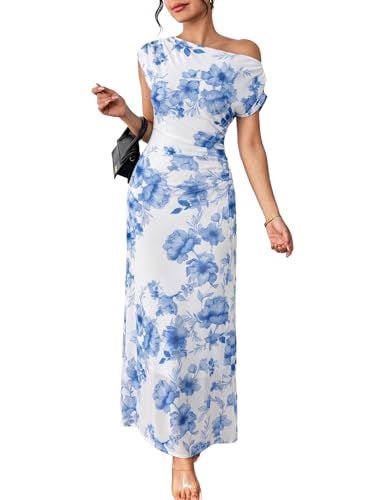 BLENCOT Women Summer Floral Maxi Dress Elegant Off The Shoulder Ruched Waisted Mesh Printed Semi Formal Long Party Dresses 2026 White S