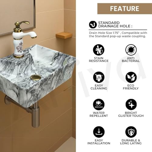 Image of Artiva Ceramic Wall Mounted Bathroom Basin /Designer Table Top Sink For Bathroom /Wall Hung Washbasin /Wash Basin For Cabinet, Countertop, Vanity /Glossy Vessel Sink (Cloudy White 16 x 12 x 5 Inch)