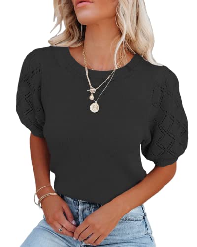 Image of Womens Short Sleeve Sweaters Crewneck Knit Pullover Tops 2025 Summer Casual Lightweight Crochet Blouse Shirt
