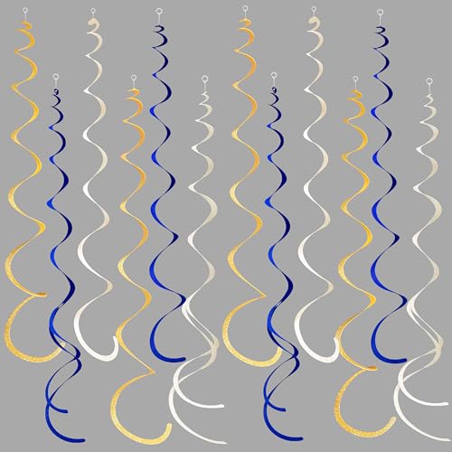 Image of 36 Pcs Blue Gold Hanging Swirl Decorations Royal Blue Glitter Gold Beige Felt Swirl Streamer Spiral Ceiling Garland for Birthday Graduation Wedding Shower Retirement Nautical Ahoy Achor Party