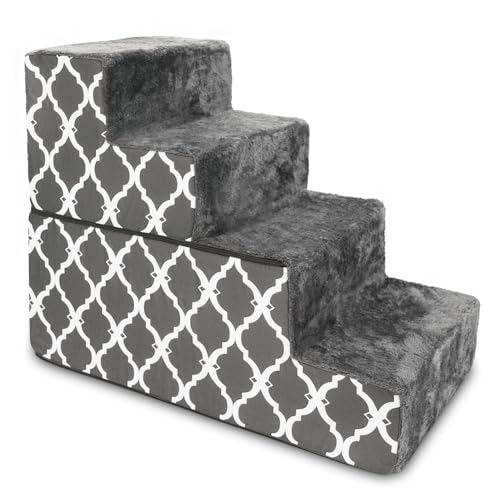Image of Best Pet Supplies Dog Stairs & Steps - Foam Steps for Small Dogs & Cats, Non-Slip Indoor Balanced Pet Step Support, Dog Ramp, No Assembly, Gray Lattice Print, Foldable 4-Step (22-inch Height)