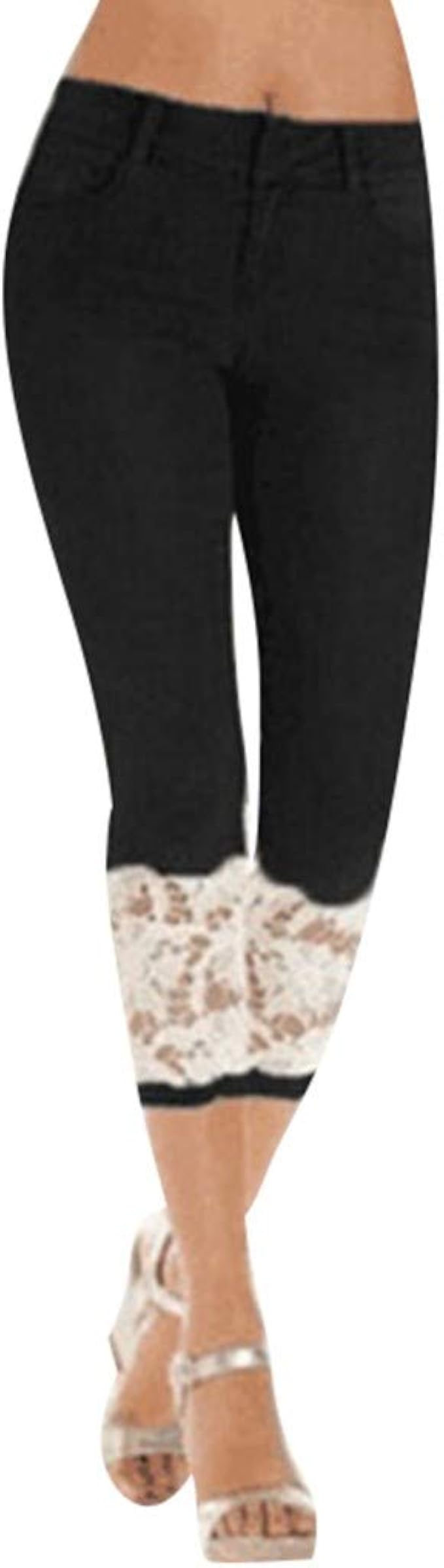 Womens Skinny Stretch Lace Trim Capri 