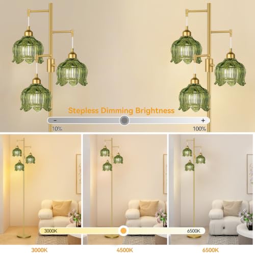 Image of Vintage Floor Lamps for Living Room 3 Light Glass Floor Lamp with 3 Color Temperatures, Dimmable Green Floor Lamp Gold Mid Century Modern Standing Lamp Tall Tree Flower Floor Lamp for Bedroom Corner