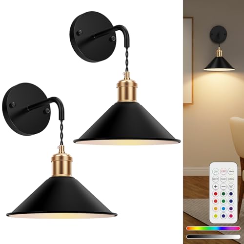 LABOREDUCE Lot de 2 appliques murales vintage d'intérieur et d'extérieur avec télécommande Noir Lampe murale LED sans fil à intensité variable pour salon, chambre à coucher, couloir, escalier, jardin,