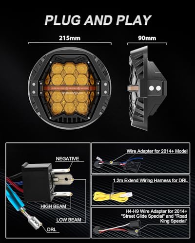 Image of DOT Approved 1000% Bright 120W 7'' Motorcycles LED Headlight with Amber Lens DRL Compatible with Road King Road Glide Street Glide Electra Glide Ultra Limited Heritage Softail Fat Boy Yamaha