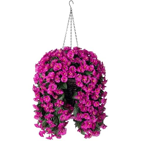 Artificial Fake Hanging Flowers Plants Basket for Outdoor Winter Summer Decoration, Faux Silk UV Resistant Look Real Fuchsia Morning Glory Long Stems in Planter for Outside Porch Patio Balcony Home Cover