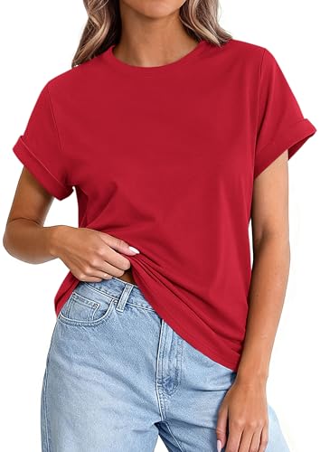 Image of PRETTYGARDEN Womens Summer Tops Short Sleeve Shirts | Lightweight Stretchy Knit,Rolled Sleeves,Crewneck Basic Tees,Loose Fit Daily T Shirt,Casual Work Travel Vacation Outfits