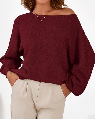 KIRUNDO Boat Neck Sweaters for Women Slouchy Oversized Knit Top,Burgundy,L - image 8