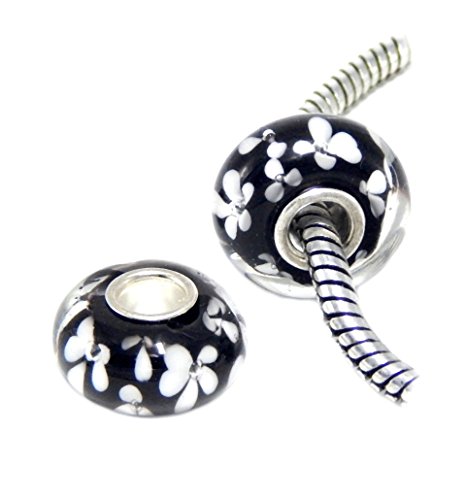 J&M Set of 2 Black Handmade Murano Glass Charm Bead with White Flowers for Bracelets