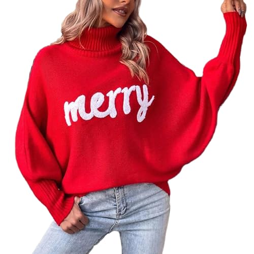 Muineobuka Women Merry Sweaters Turtleneck Long Sleeve Letter Print Loose Knitted Pullover Merry Christmas Sweater