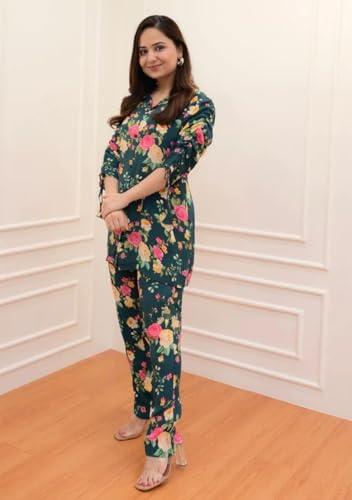 Greciilooks Rayon Floral Regular Fit Stylish Kurta Ethnic For 3/4 Sleeve Women Co-Ord Set (Gl-W1817_Green_S)