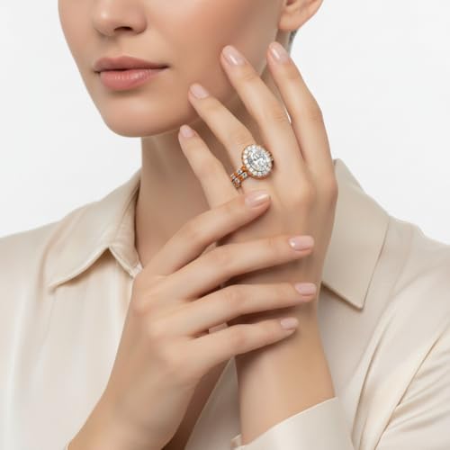 Image of Choose Your Gemstone Oval Halo Rollover Diamond CZ Wedding Ring Yellow Gold Plated Oval Shape Wedding Ring Sets Matching Jewelry Wedding Jewelry Easy to Wear Gifts US Size 4 to 12