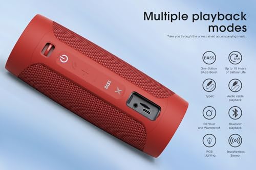Bluetooth Speaker, Portable Wireless Speaker with 30W Stereo Deep Bass, IPX67 Waterproof, TWS, 18H Playtime, Dual Pairing - Compact Speaker for Home, Outdoor Camping, Party - Red - Image 4