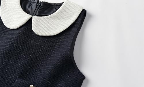 Mud Kingdom Girls Tweed Dress Peter Pan Collar Sleeveless Midi Dress with Metal Buttons Navy Blue4