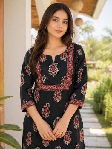 Image of Rajnandini Women's Pure Cotton Jaipuri Printed Kurti (JOPLJPR163-P Black P)