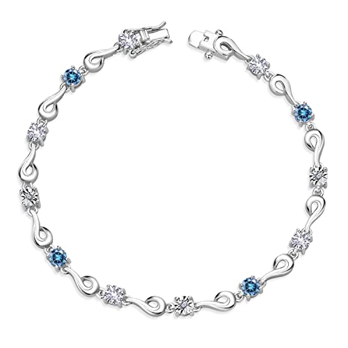 Gem Stone King 925 Sterling Silver Tennis Lab Grown Diamond Bracelet For Women Round Hearts And Arrows White Created Sapphire And Vivid Persian Blue Moissanite (2.19 Cttw, 7.5 Inch) #TOP20