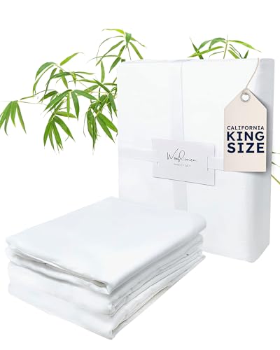 Wooflinen 100% Viscose Derived from Bamboo Sheets Set – Silky Soft Like Silk Bed Sheets – Matte White Bed Cover with Pillowcases – Cooling, Thick, Durable – California King, 4 Pc Set