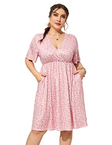 Image of ShopWonder Plus Size Dress Women's V Neck A-Line Knee Length Wrap Swing Dresses Plus Size A Line Party Mini Dress