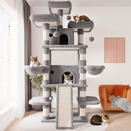 Image of SHA CERLIN 81 Inches Extra Large Cat Tree for Indoor Adult Cats /XXL Big Cat Tower with Condo /Cozy Perches /Sisal Scratching Posts and Hammocks /Activity Center /F80 /Heavy Duty /Grey