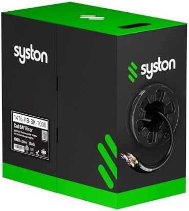 Syston Cable Technology Cat 6A+ Ethernet Network Cable, 750MHz 23AWG Solid Bare Copper Wire Outdoor/Indoor, No Ends 100/250/500/1000 Ft Available, Heat Resistant Riser Rated (1000 FT, CMR, Black-CMR)