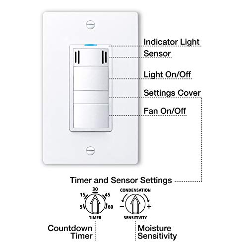DewStop FS-325-W1 Adjustable Bathroom Fan Control with Humidity Sensor and Light Switch, White