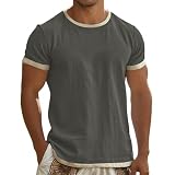 Camiseta Hombre de Lino Cuello Redondo con Ribete de Contraste Manga Corta Transpirable Ligera Casual de Verano para Uso Diario Citas Vacaciones Playa