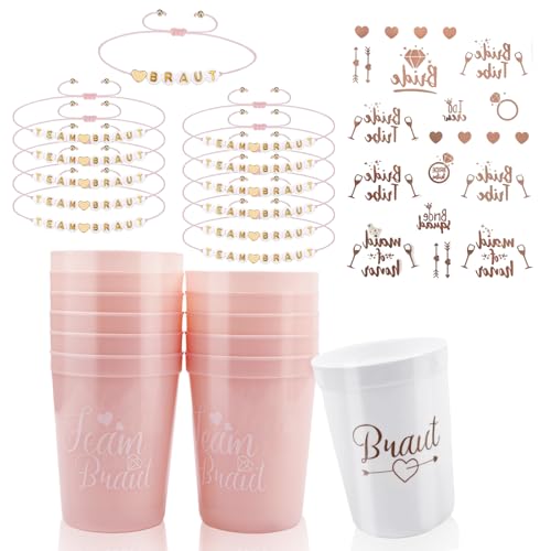 Junggesellenabschied Frauen, Braut und Team Braut Tassen mit Tattoos Set, 12 JGA Becher + 12 JGA Armbänder Frauen + 1 JGA Tattoo Aufkleber für Junggesellenabschied, Dating,Hochzeit, Begleitgeschenk