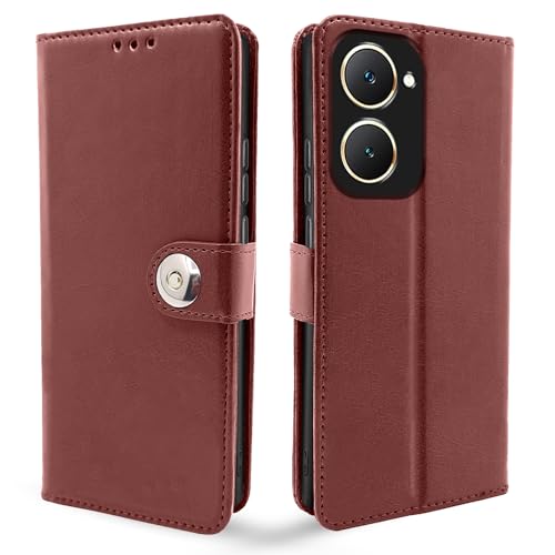 Image of Pikkme Flip Cover Leather Finish | Inside TPU with Card Pockets | Complete Protection Button Flip Case for Vivo Y03 4G (Brown)