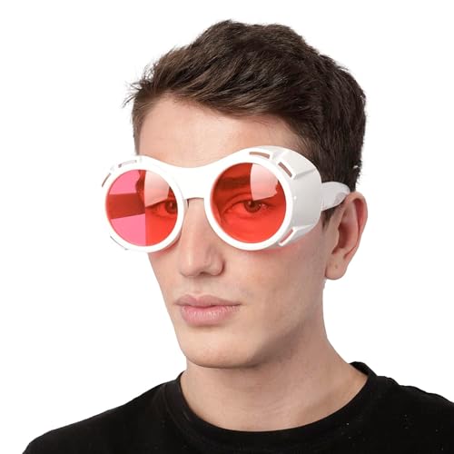 Wildarms White Frame Steampunk Goggles - Red Lens Cyberpunk Rave Glasses